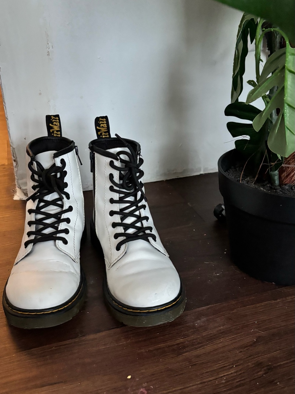Dr. Martens White Leather Lace-Up Combat Boots with Black Laces